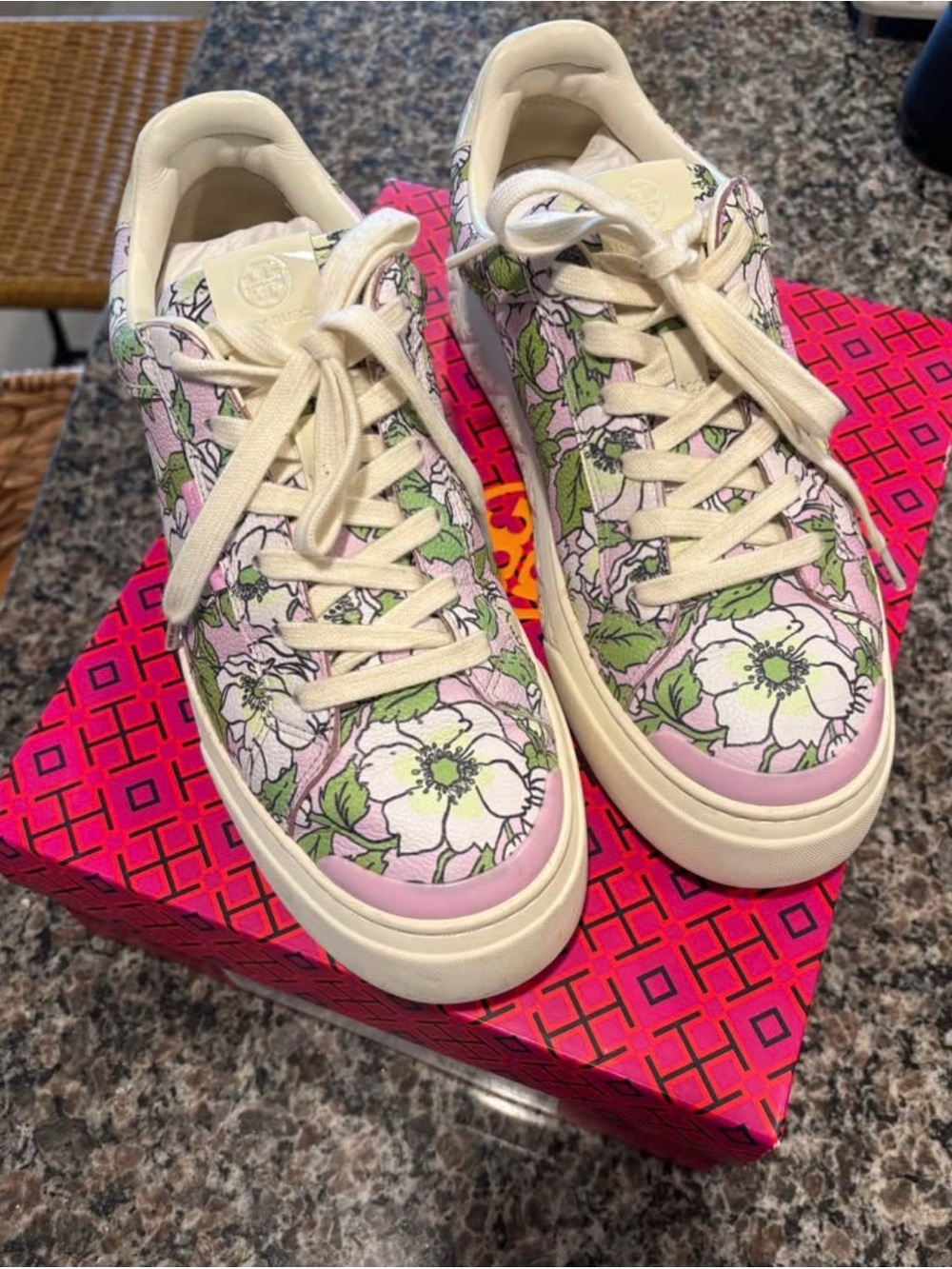 Tory Burch Pink Floral Low-Top Sneakers